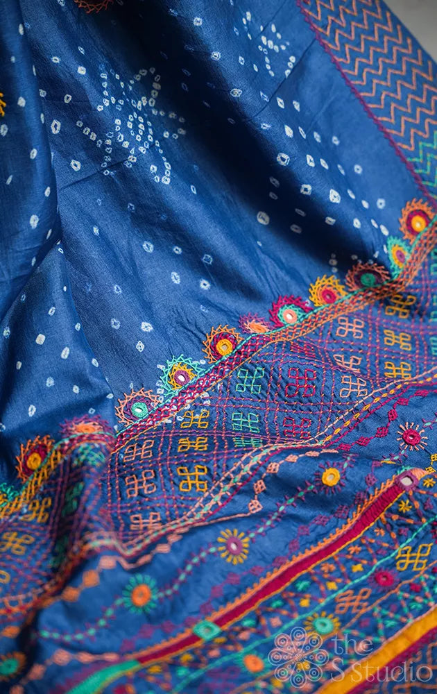Blue hand tie and dye bandhani tussar silk saree with lambani embroidery