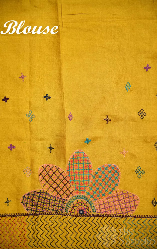 Yellow hand tie & dye bandhani tussar silk saree with lambani embroidery