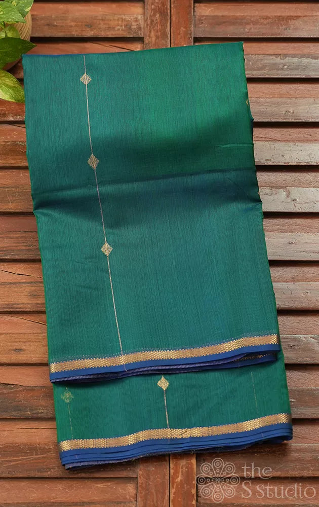 Peacock blue shaded maheshwari silk cotton saree with thin zari border