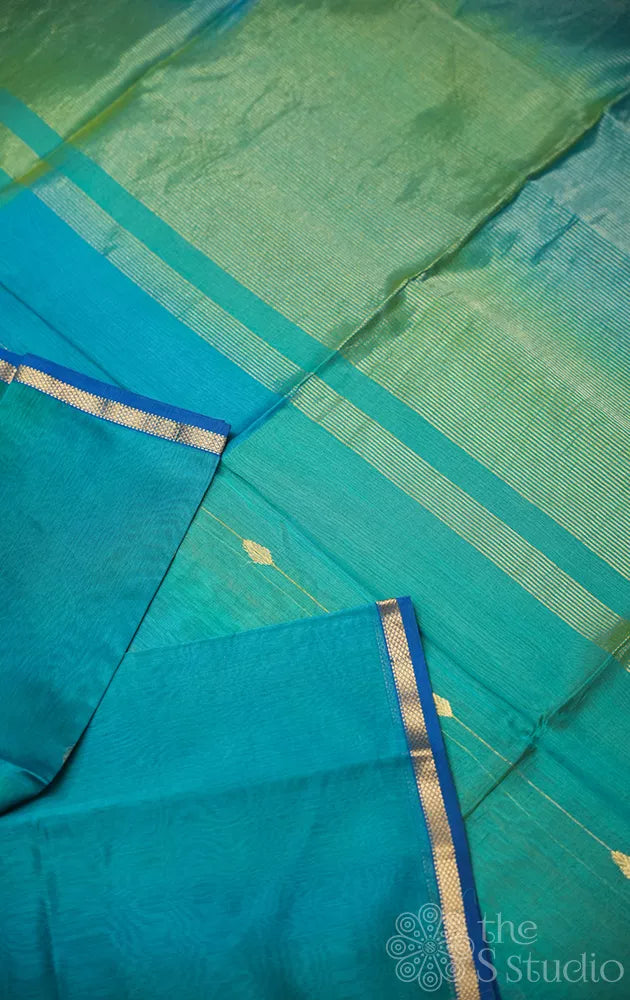 Peacock blue shaded maheshwari silk cotton saree with thin zari border