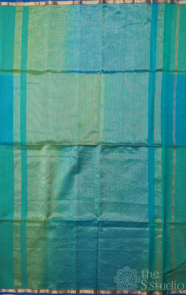 Peacock blue shaded maheshwari silk cotton saree with thin zari border