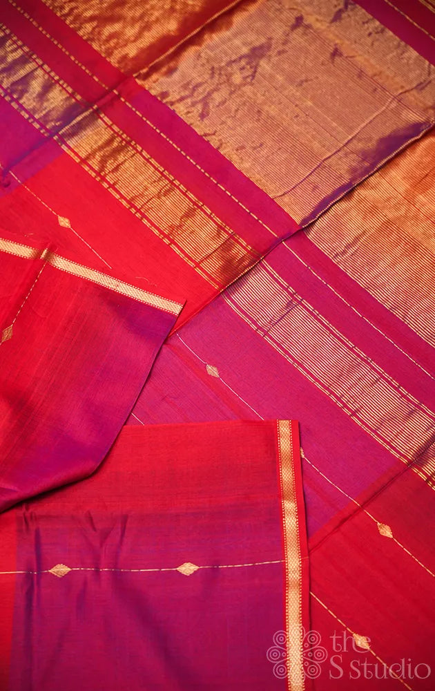 Maroon and pink shaded maheshwari silk cotton saree with diamond motifs