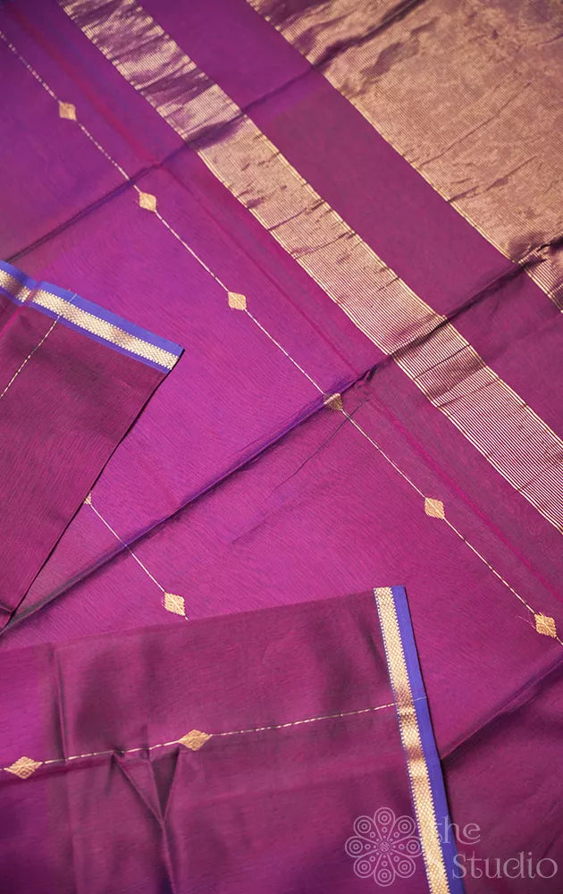 Purple and violet shaded maheshwari silk cotton saree with thin zari border