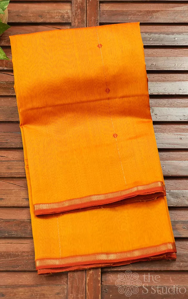 Mustard maheshwari silk cotton saree with red thread buttas