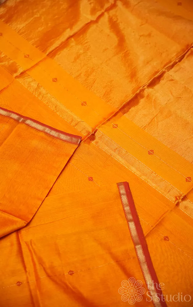 Mustard maheshwari silk cotton saree with red thread buttas