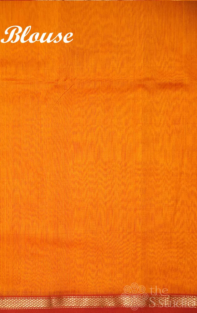 Mustard maheshwari silk cotton saree with red thread buttas
