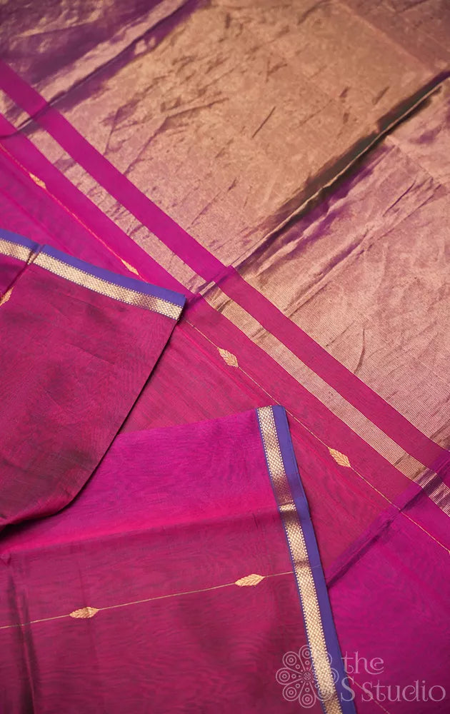Magenta and violet shaded maheshwari silk cotton saree with violet thin zari border