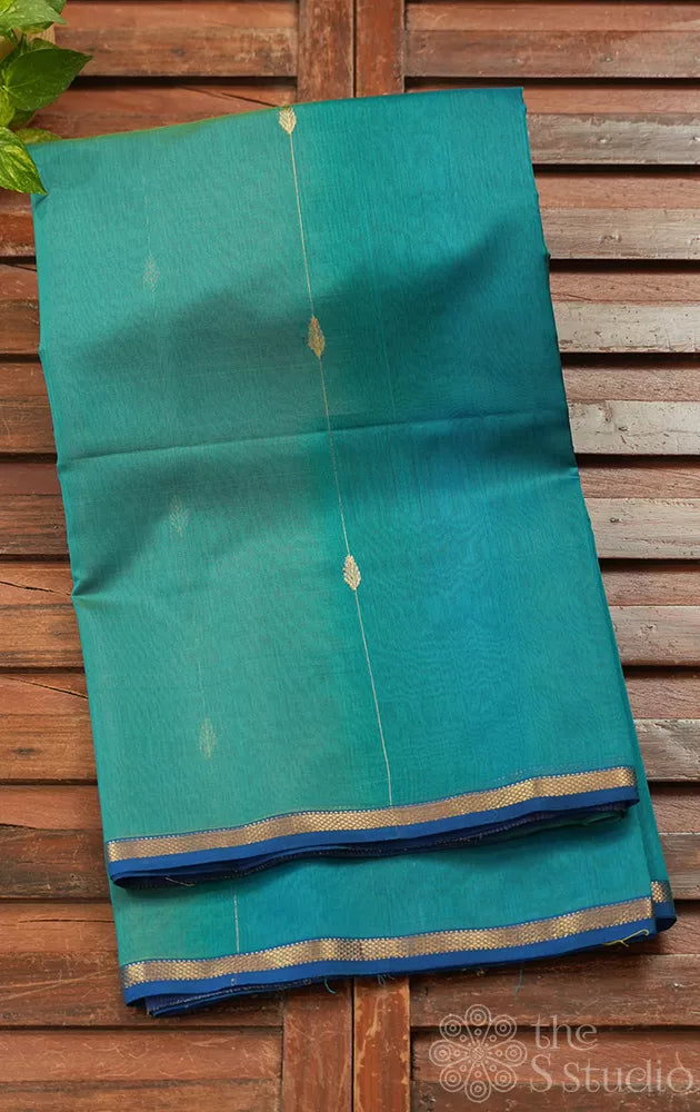 Rama blue and green shaded maheshwari silk cotton saree with thin zari border