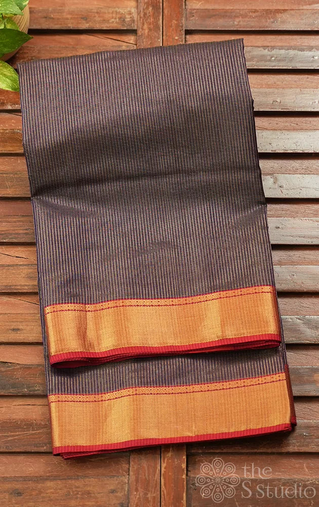 Dark brown small zari checked maheshwari silk cotton saree with red zari border