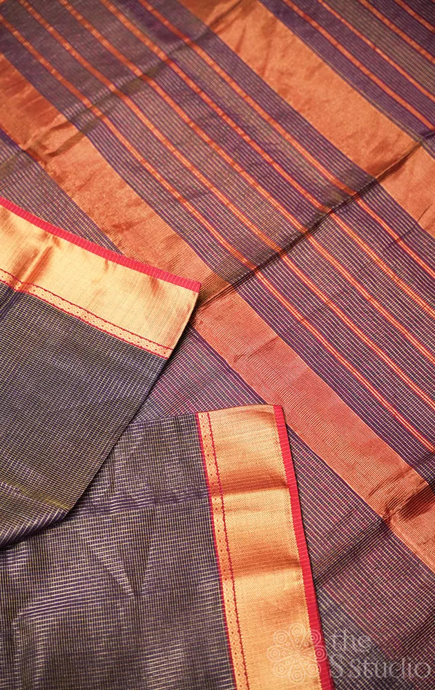 Dark brown small zari checked maheshwari silk cotton saree with red zari border