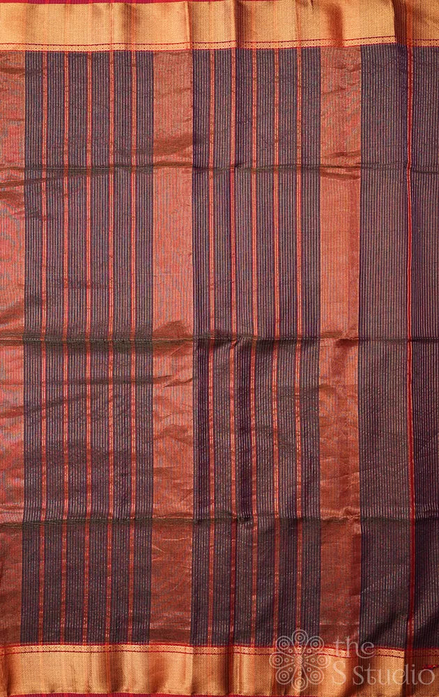 Dark brown small zari checked maheshwari silk cotton saree with red zari border