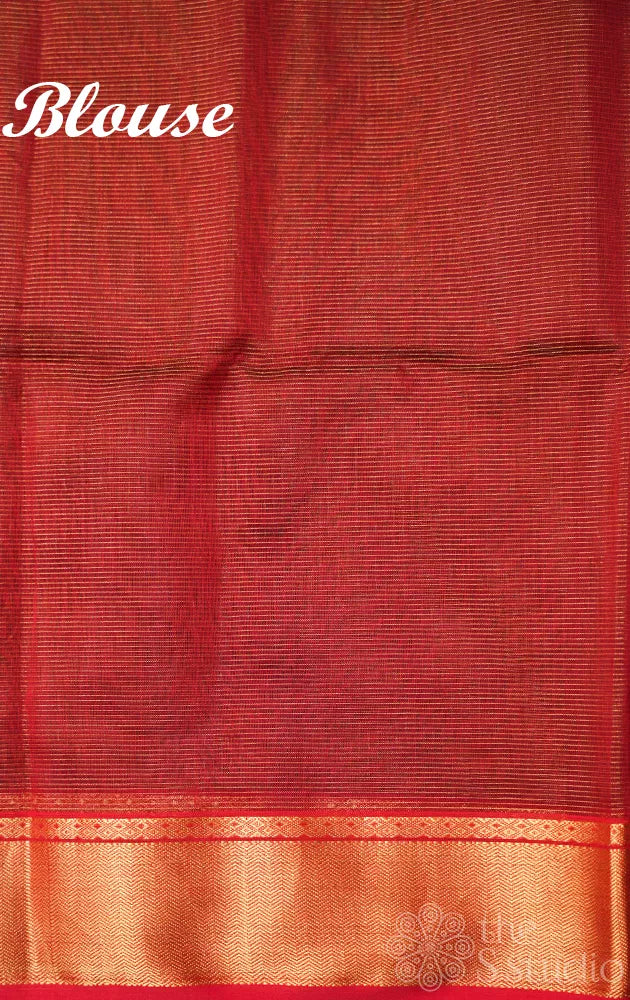Dark brown small zari checked maheshwari silk cotton saree with red zari border
