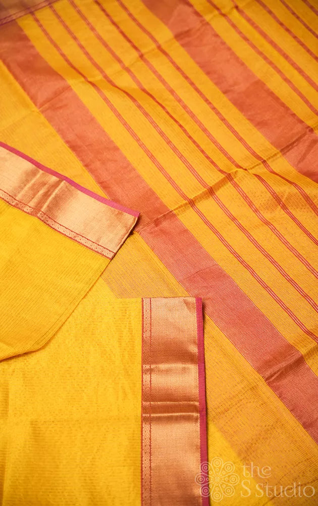 Mango yellow maheshwari silk cotton saree with small zari checks