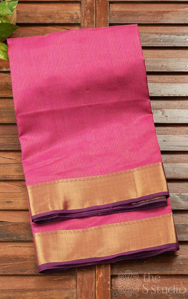 Magenta small zari checked maheshwari silk cotton saree with purple zari border