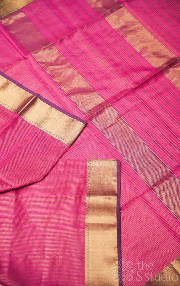 Magenta small zari checked maheshwari silk cotton saree with purple zari border