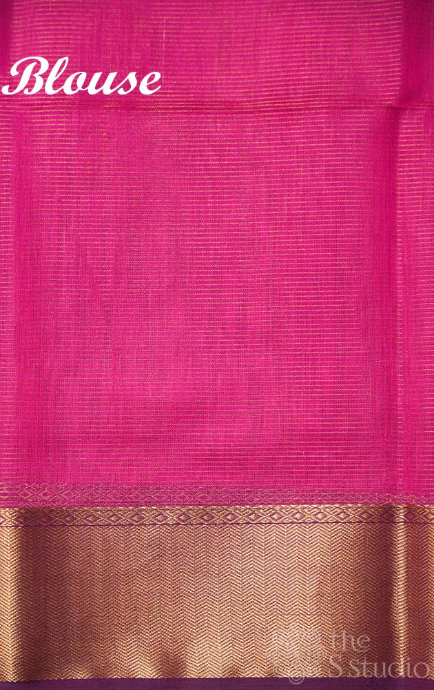 Magenta small zari checked maheshwari silk cotton saree with purple zari border