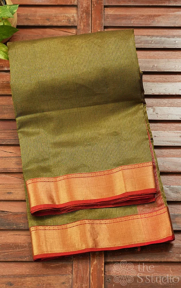 Olive green maheshwari silk cotton saree with small zari checks