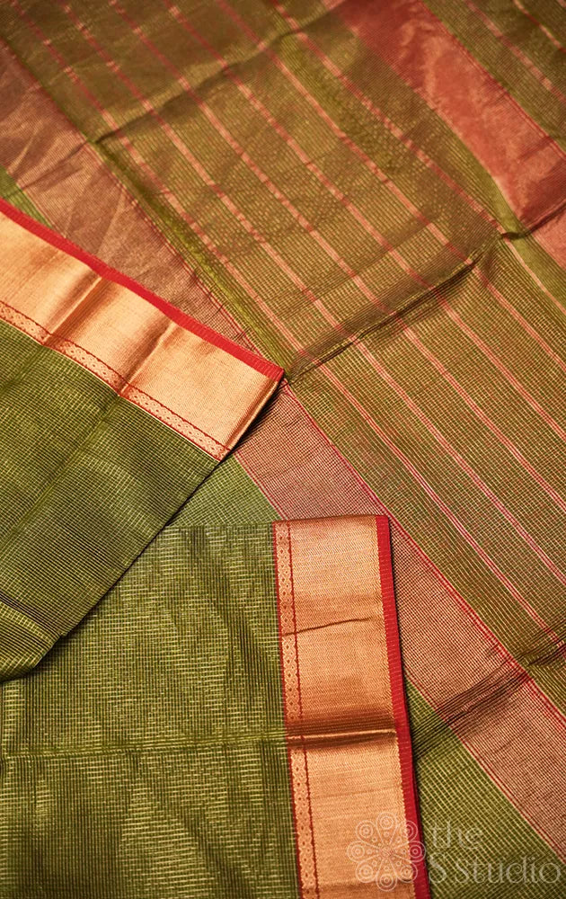 Olive green maheshwari silk cotton saree with small zari checks