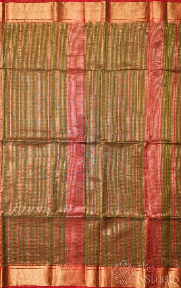 Olive green maheshwari silk cotton saree with small zari checks