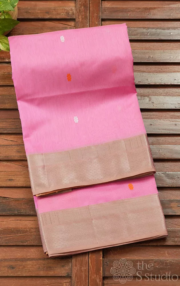 Pink maheshwari silk cotton saree with silver buttas