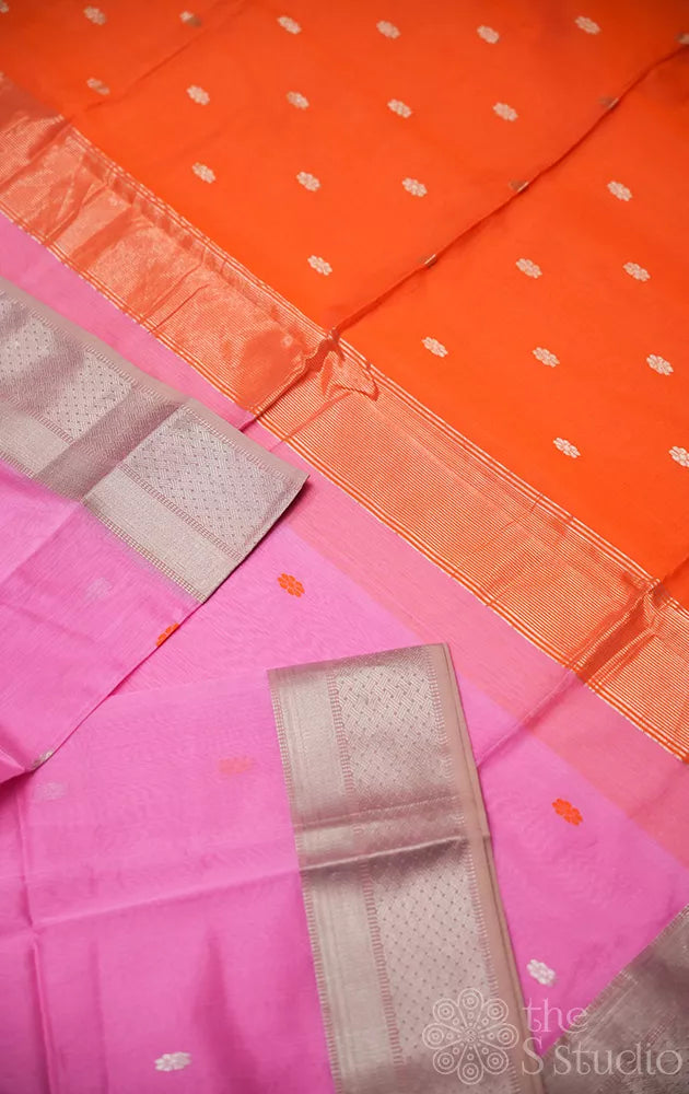Pink maheshwari silk cotton saree with silver buttas