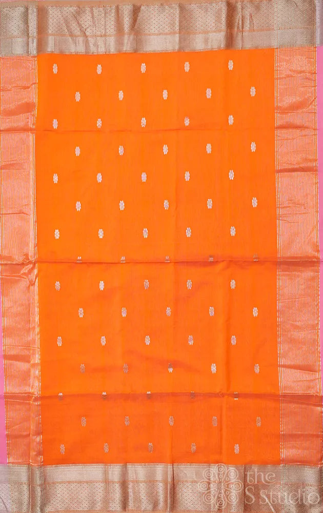 Pink maheshwari silk cotton saree with silver buttas