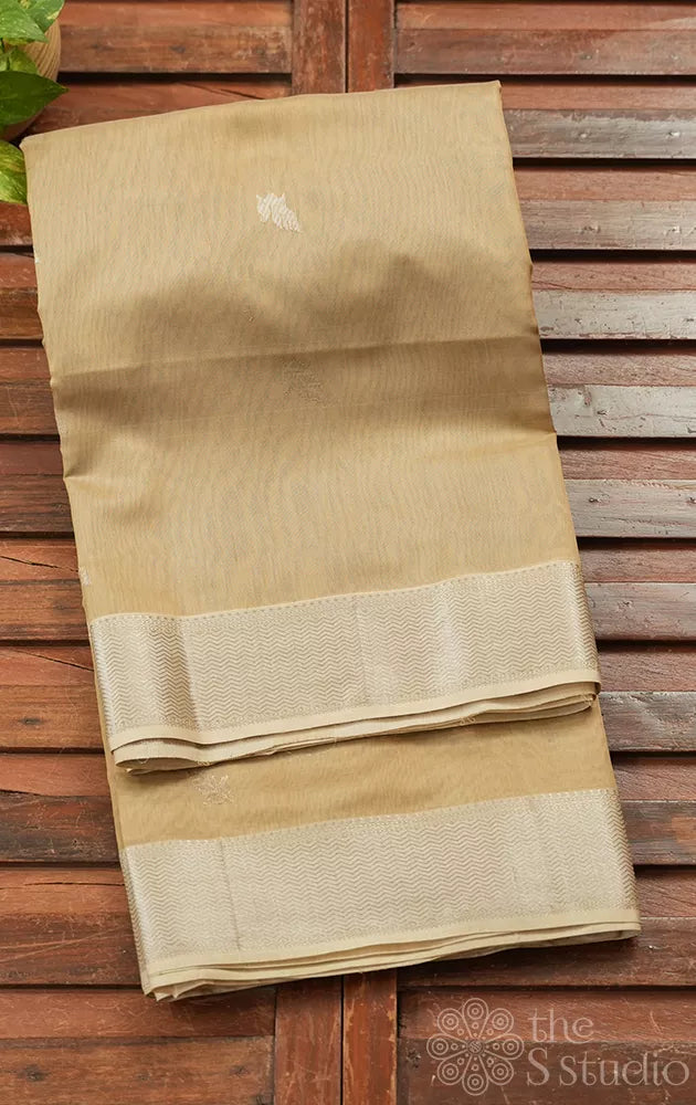 Chiku brown maheshwari silk cotton saree with silver border