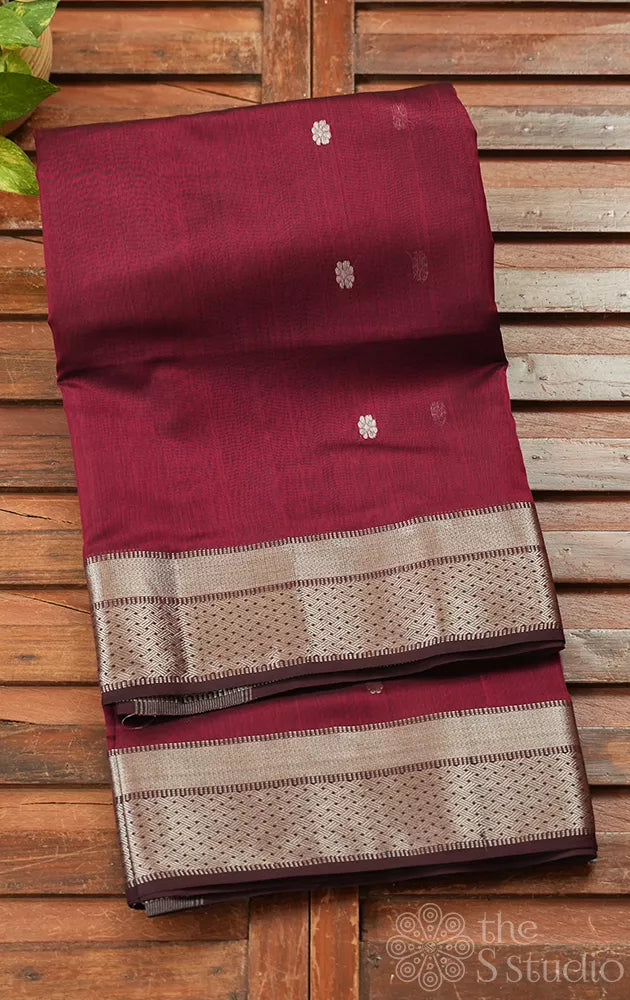 Maroon maheshwari silk cotton saree with silver zari border