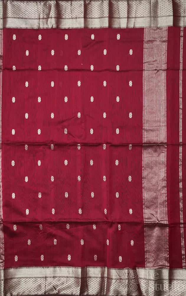 Maroon maheshwari silk cotton saree with silver zari border