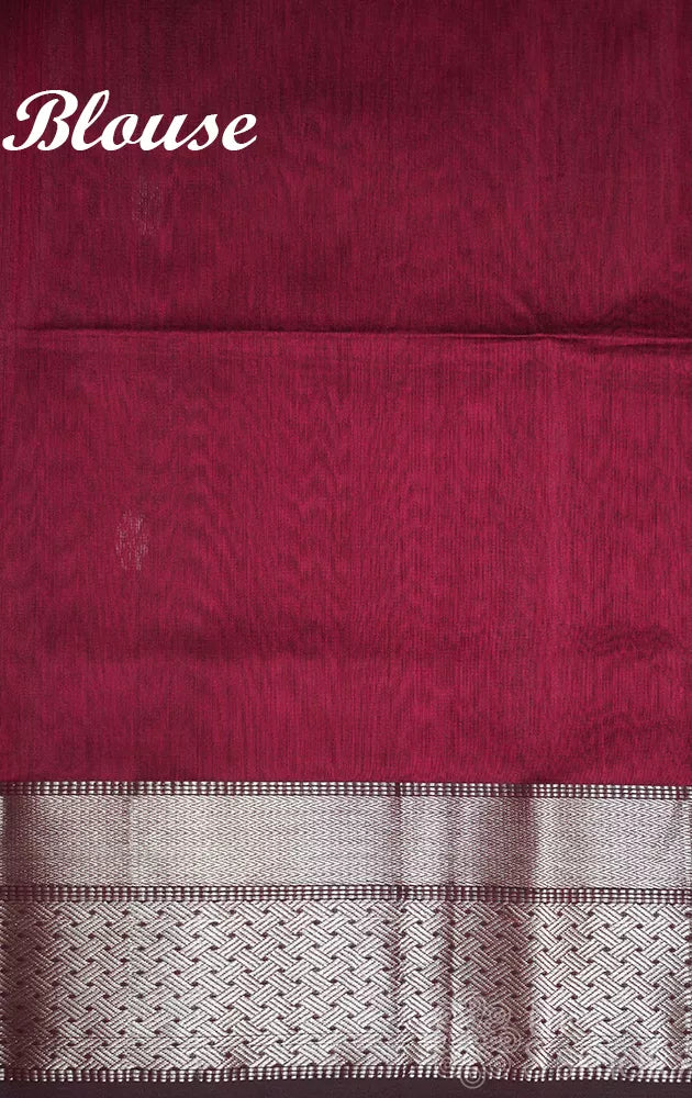 Maroon maheshwari silk cotton saree with silver zari border