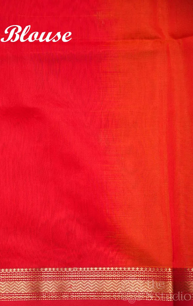 Rust and red shaded maheshwari silk cotton saree with thin zari border