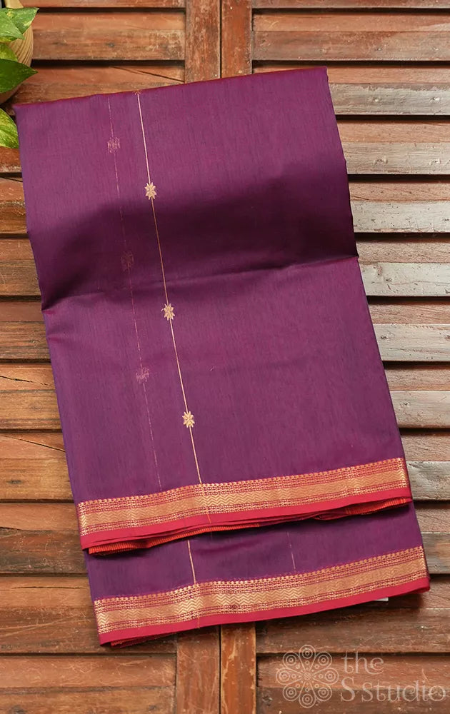 Purple shaded maheshwari silk cotton saree with red zari border