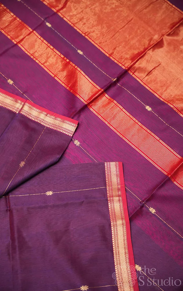 Purple shaded maheshwari silk cotton saree with red zari border