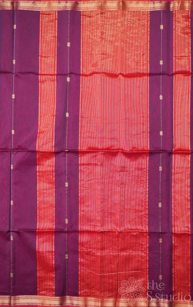 Purple shaded maheshwari silk cotton saree with red zari border