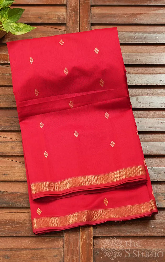 Red maheshwari silk cotton saree with diamond buttas