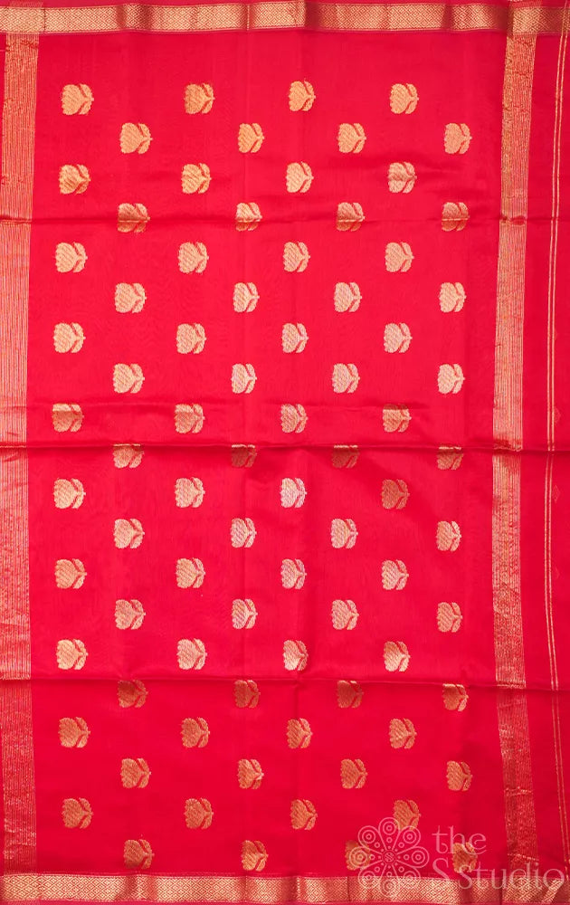 Red maheshwari silk cotton saree with diamond buttas