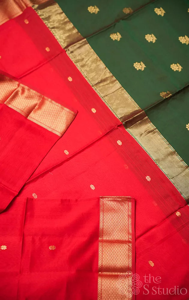Red maheshwari silk cotton saree with zari border