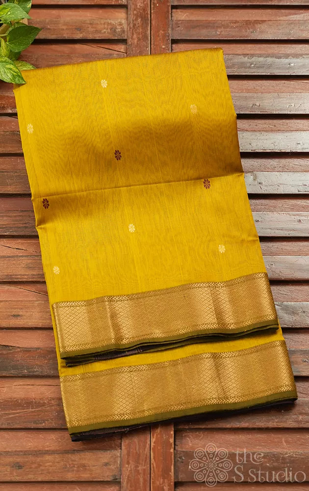 Methi green maheshwari silk cotton saree with purple pallu