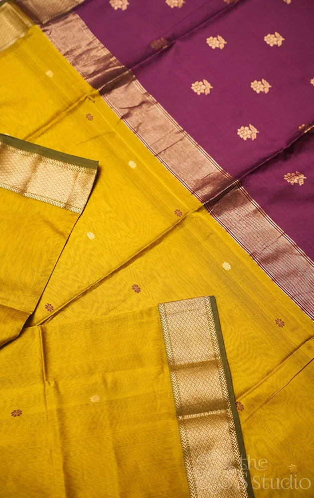 Methi green maheshwari silk cotton saree with purple pallu