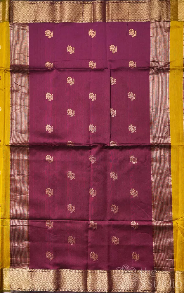 Methi green maheshwari silk cotton saree with purple pallu