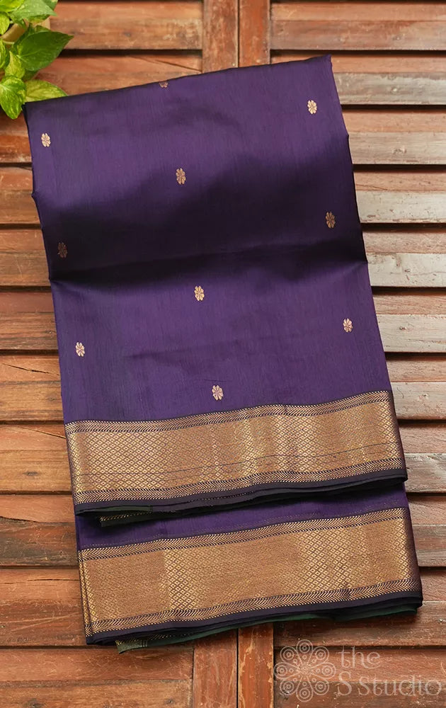 Violet maheshwari silk cotton saree with green pallu