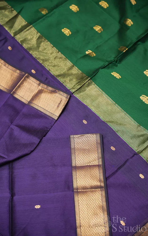 Violet maheshwari silk cotton saree with green pallu