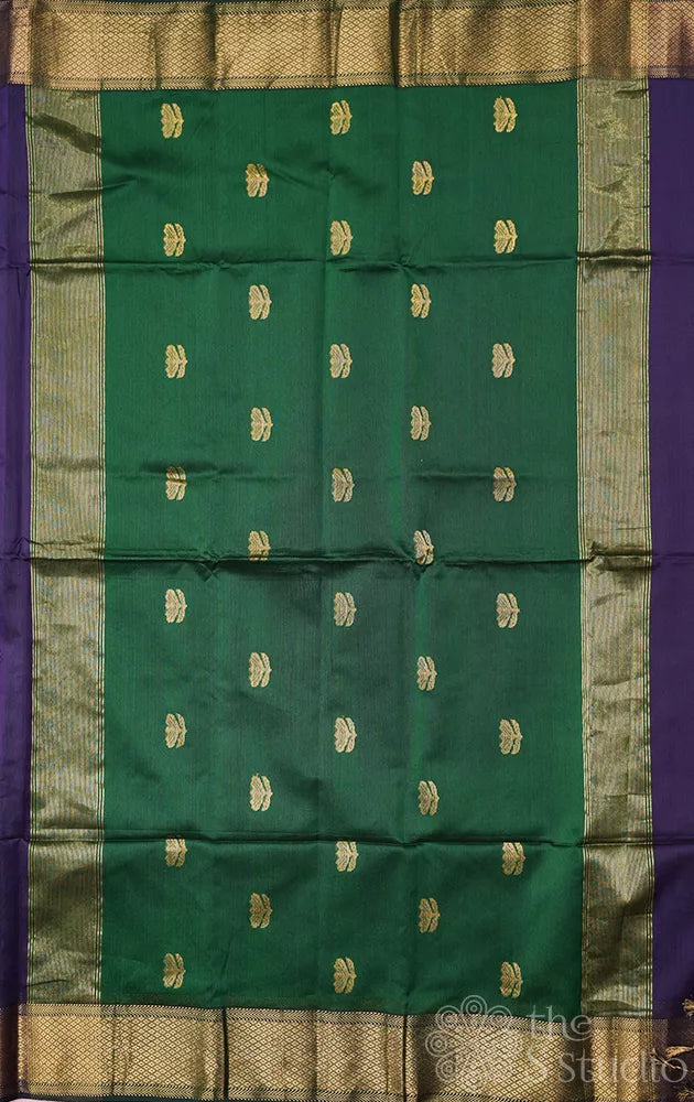 Violet maheshwari silk cotton saree with green pallu