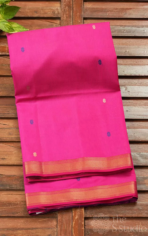 Rani pink maheshwari silk cotton saree with thread and zari buttas