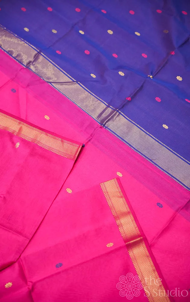 Rani pink maheshwari silk cotton saree with thread and zari buttas