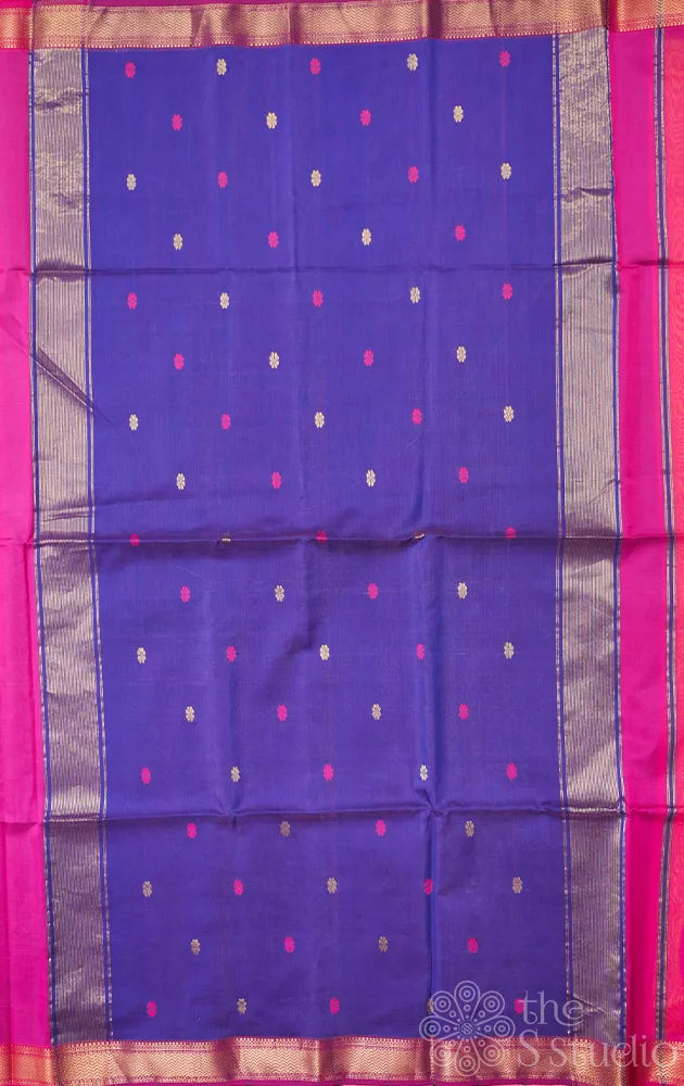 Rani pink maheshwari silk cotton saree with thread and zari buttas