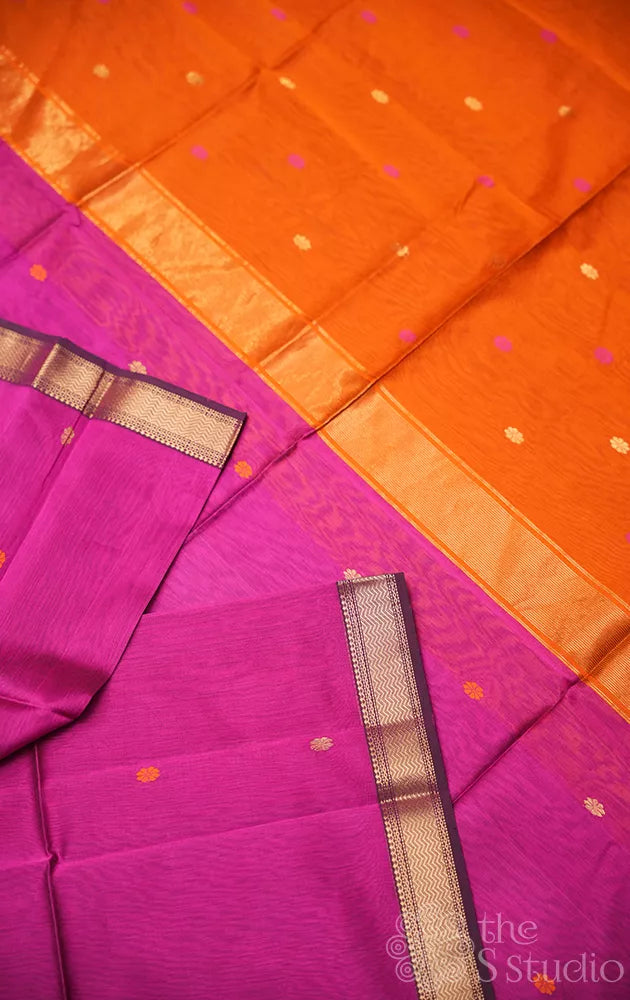 Magenta maheshwari silk cotton saree with orange pallu