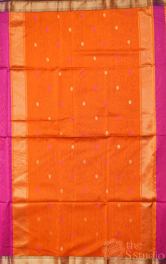 Magenta maheshwari silk cotton saree with orange pallu