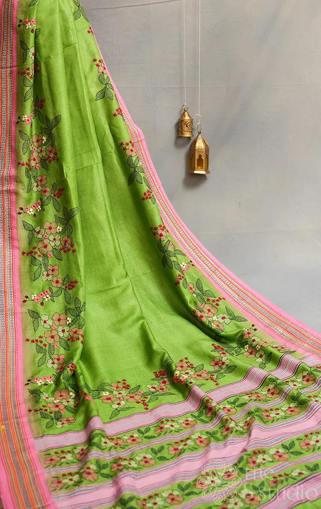 Light green vidarbha tussar silk saree with hand kantha embroidery