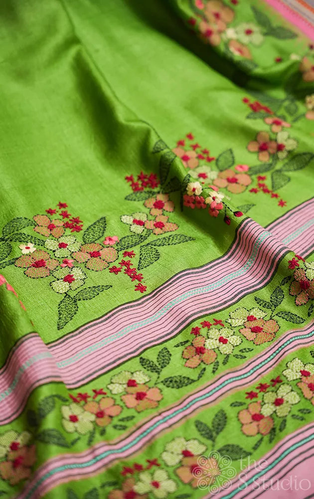 Light green vidarbha tussar silk saree with hand kantha embroidery